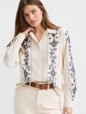 LOFT Boho Western Cream Button-Down Shirt with Navy Embroidery